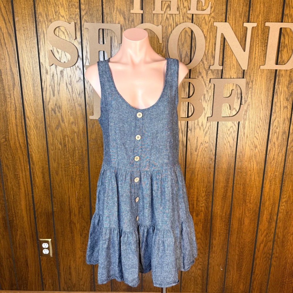Marissa Olivia Tiered Button Front Dress Womens Med Blue Boho Cottagecore Linen